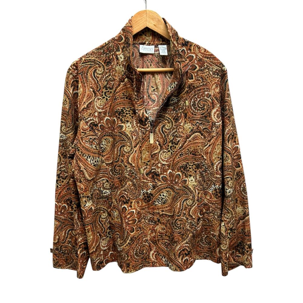 Chico’s Zenergy Brown Paisley Zip Jacket Size 2 M Lightweight Travel Casual Top